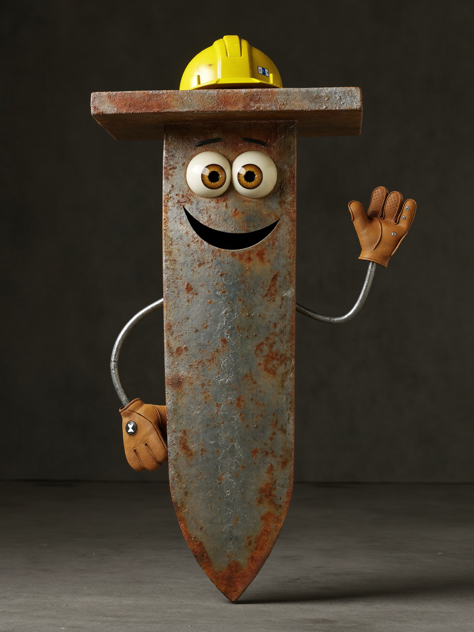 Rusty — a weathered rusty-nail character in a yellow hard hat, the Dig It field co-pilot
