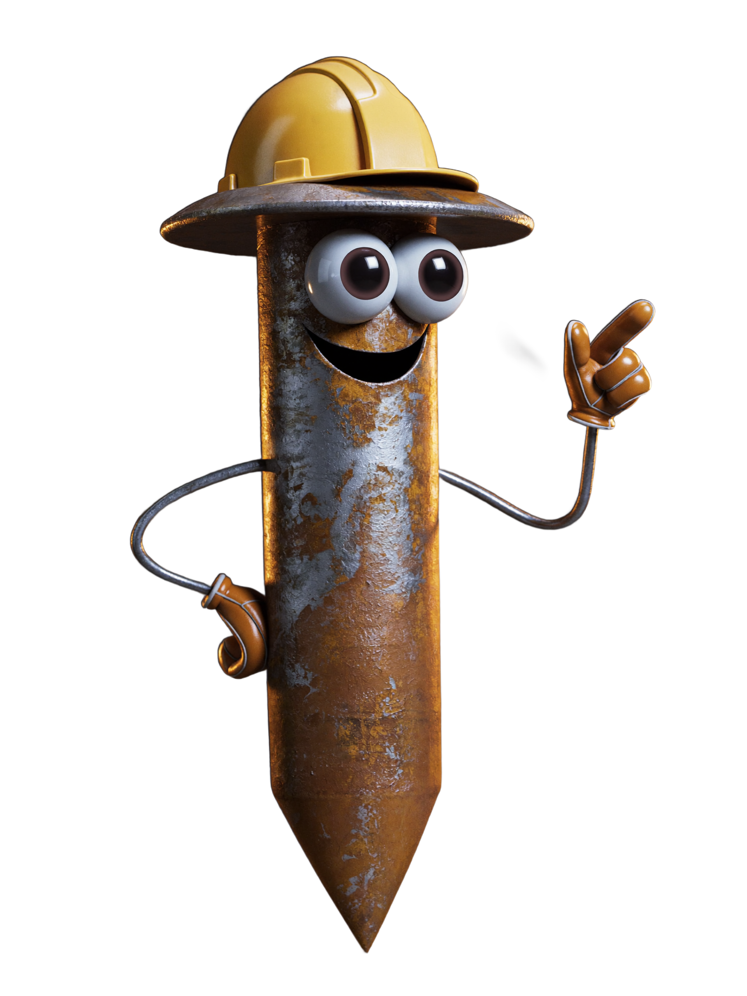 Rusty the rusty-nail mascot waving, wearing a yellow hard hat and rigging gloves