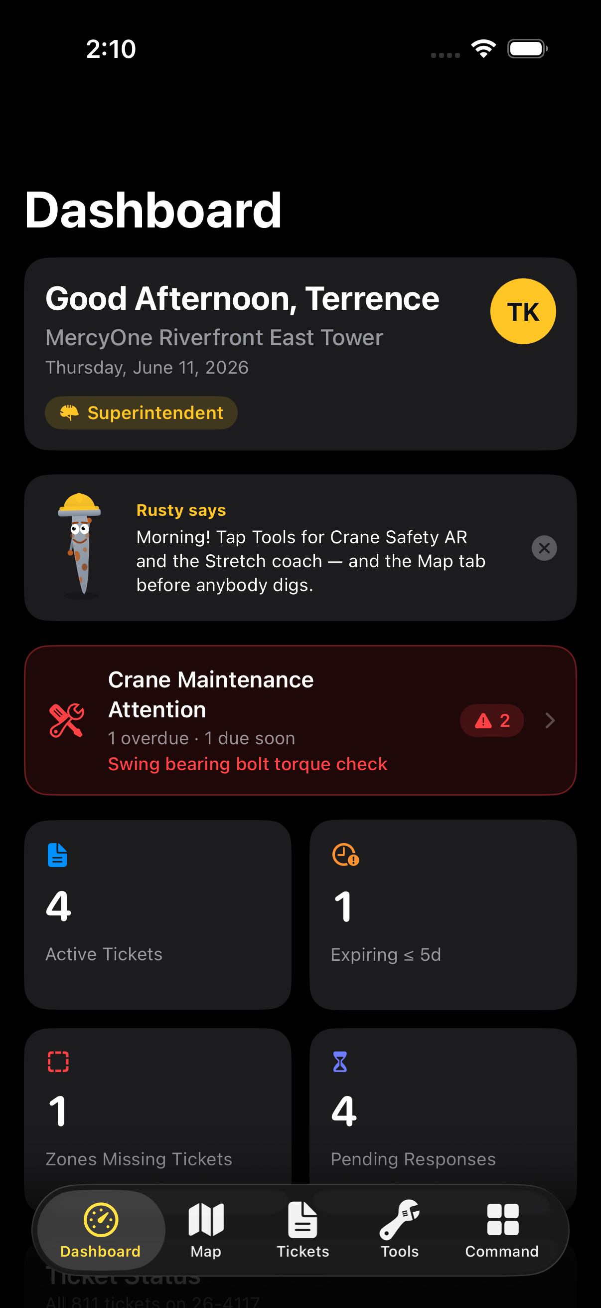Dig It dashboard on iPhone — site overview with ticket status, risk score, and crew readiness