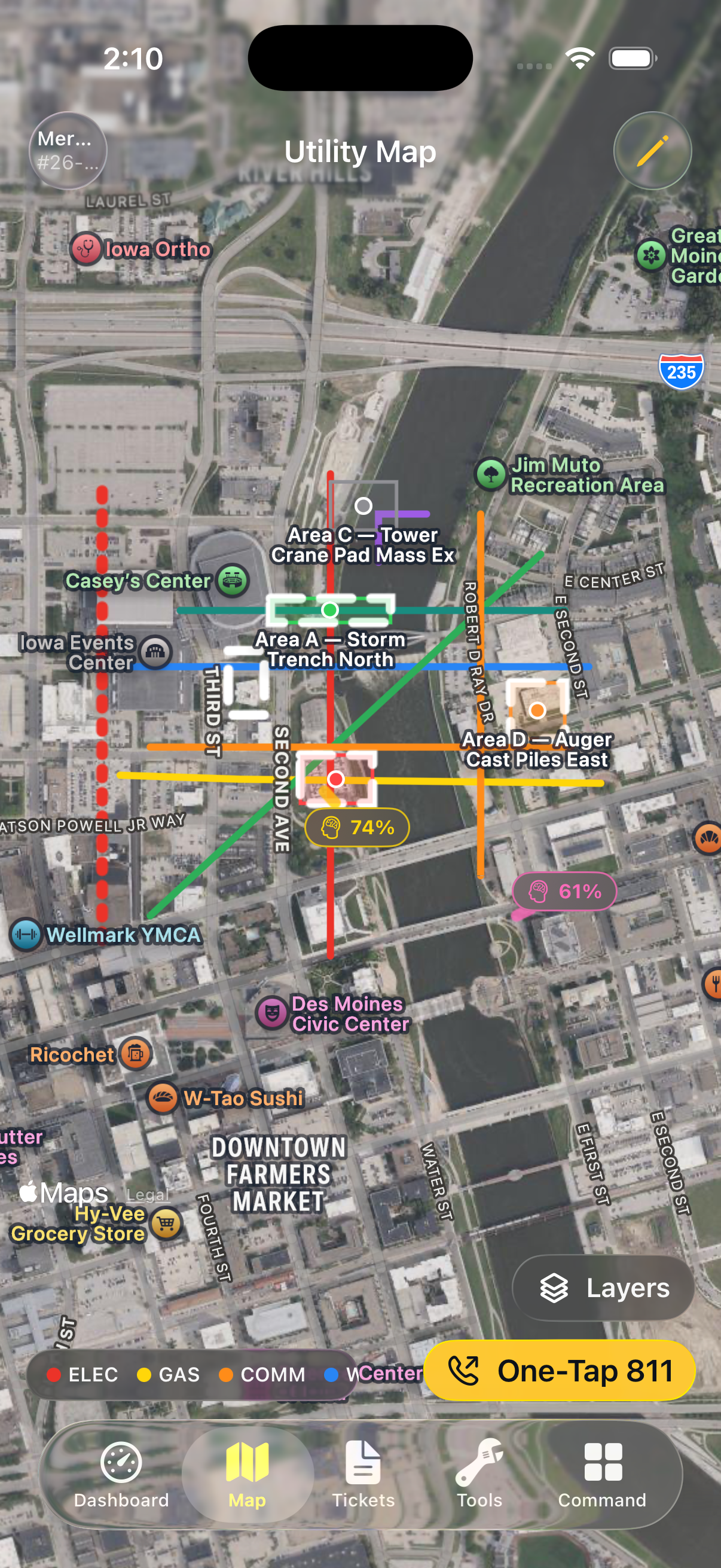 Dig It utility map — APWA color-coded utility lines over a site map with AI-suspected lines flagged