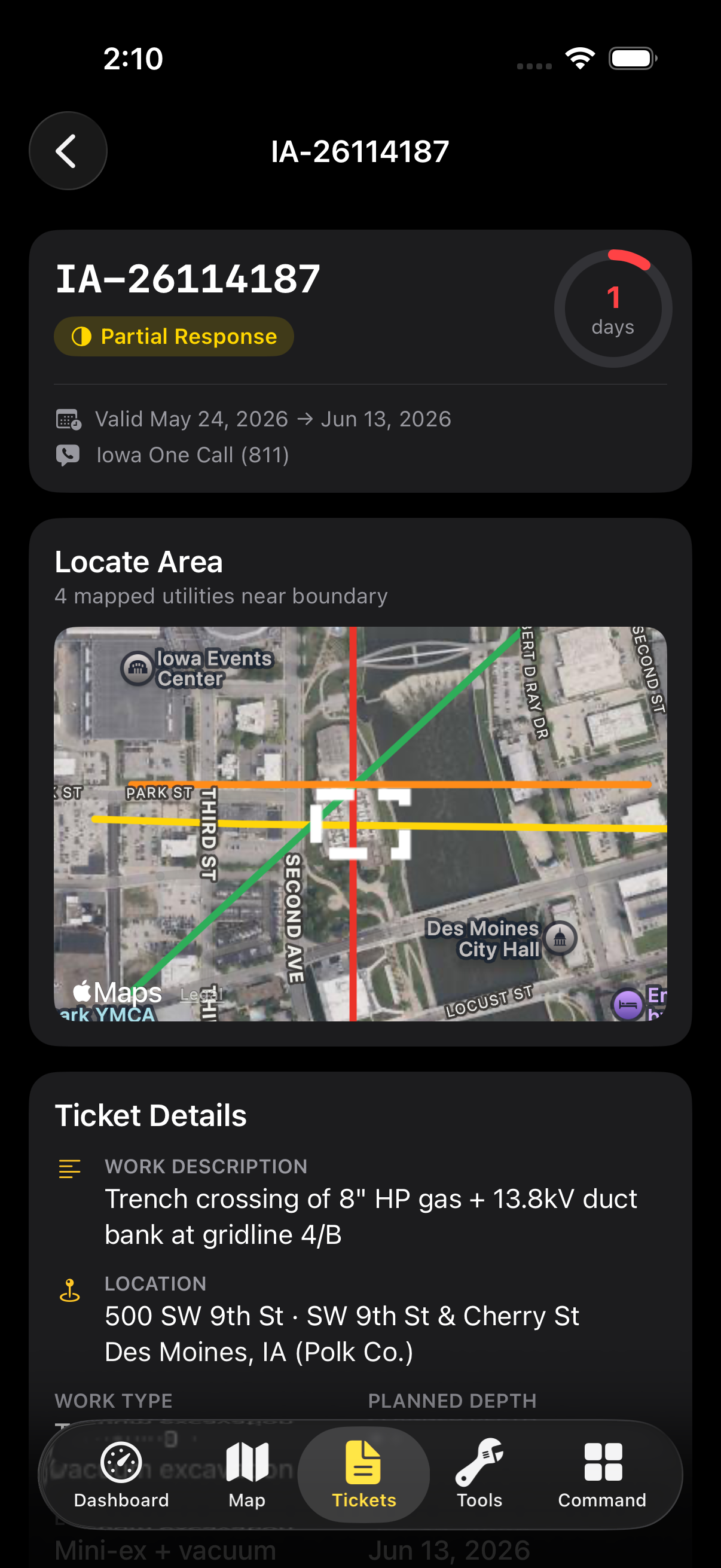 Dig It 811 tickets screen — ticket list with per-utility positive responses and renewal countdowns