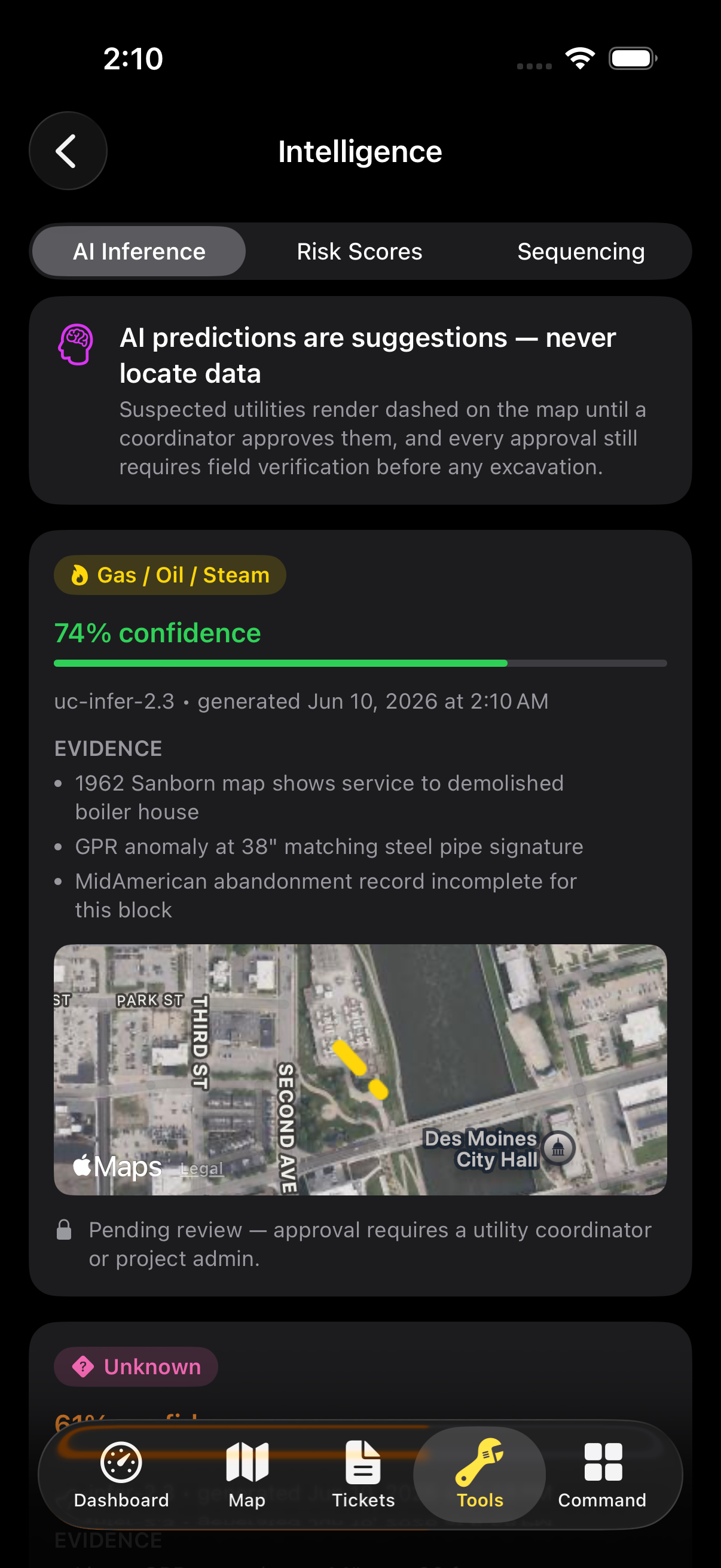 Dig It risk intelligence screen — risk score with factor breakdown and stop-work threshold