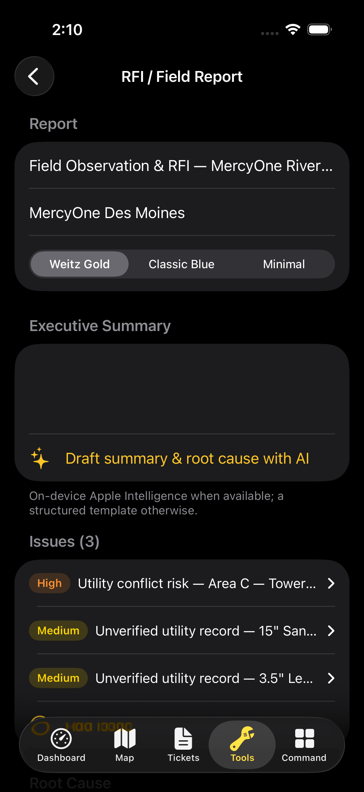 Dig It report center — RFI-grade PDF field report with client signoff