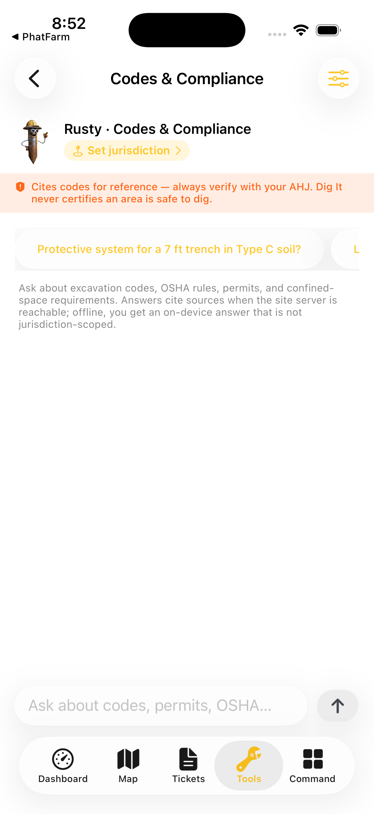 Dig It Compliance Copilot — Codes & Compliance screen with jurisdiction scope and source-cited answers