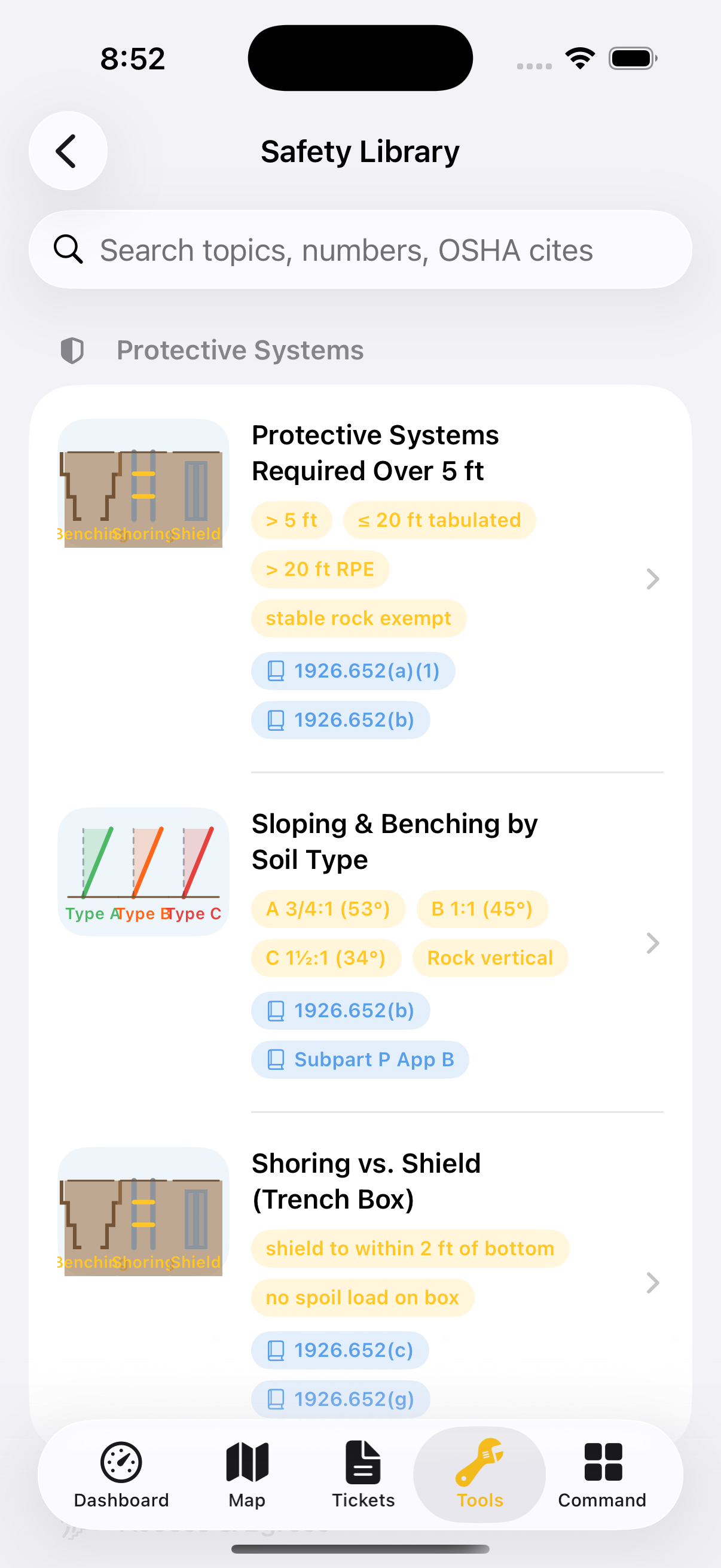 Dig It Safety Library — OSHA topics with schematic diagrams and 1926.652 citations