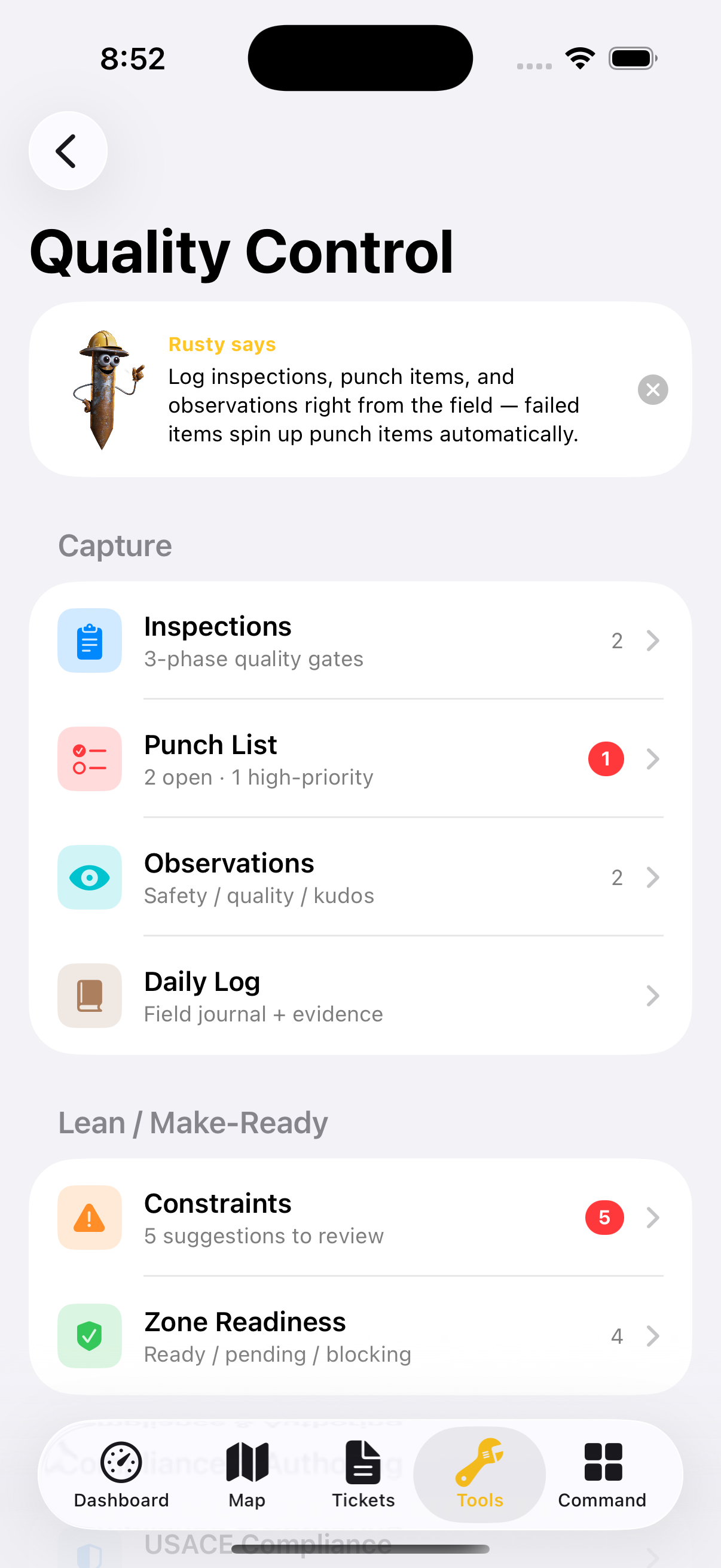 Dig It Quality Control hub — inspections, punch list, observations, daily log, constraints, and zone readiness