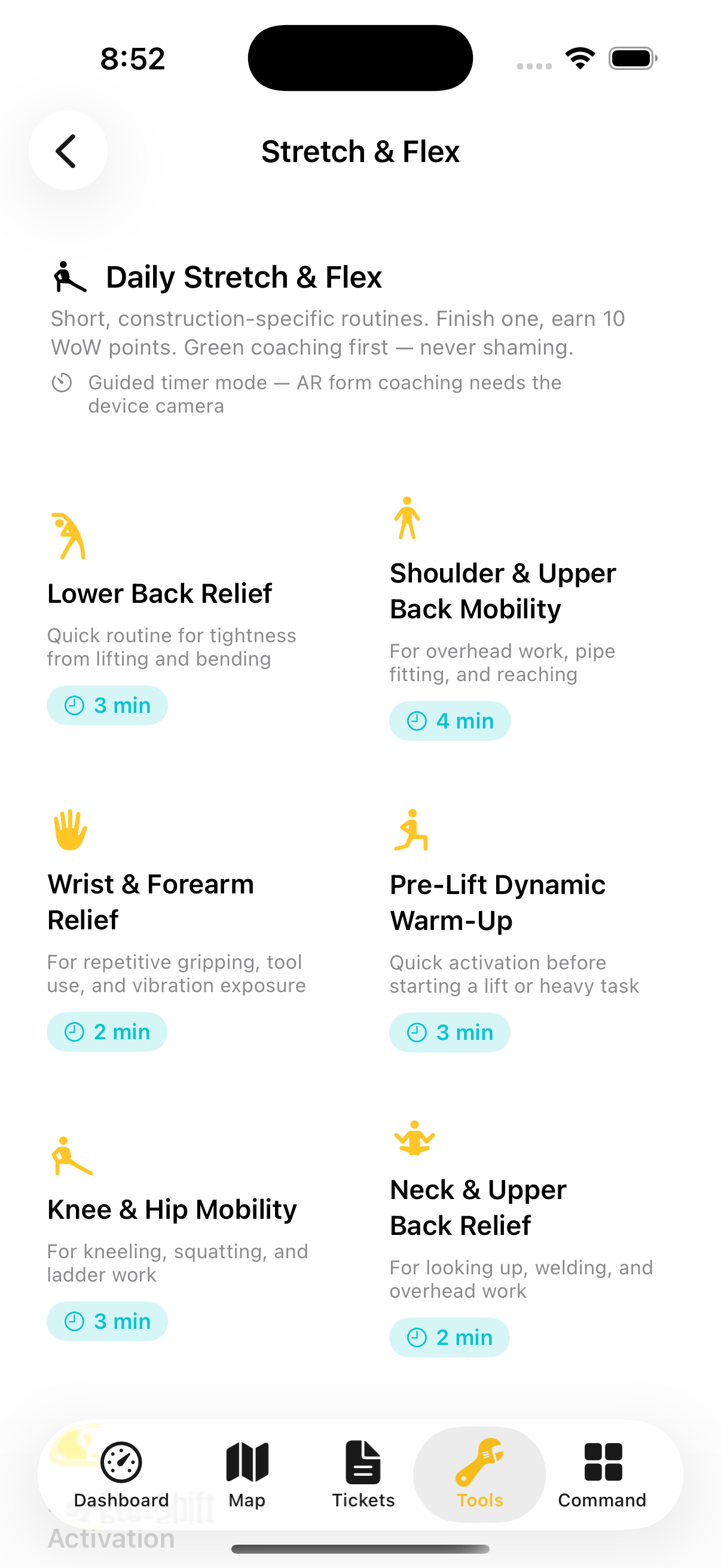 Dig It Stretch & Flex — construction warm-up routines with durations and WoW points